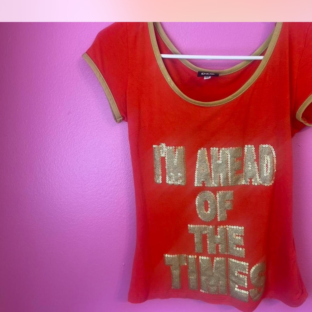 Dolce & Gabbana Red Short Sleeve Tee with Gold Sequin Text